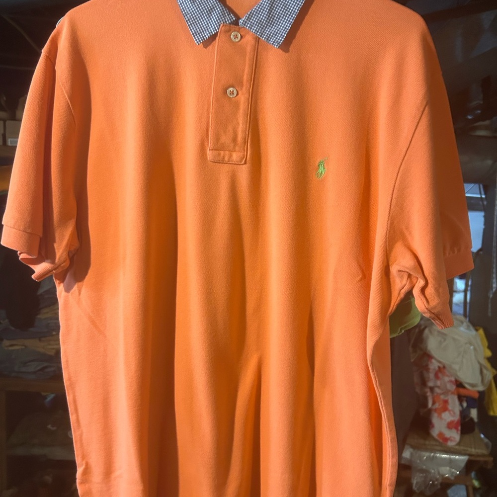 Orange Polo Shirt with Blue Collar